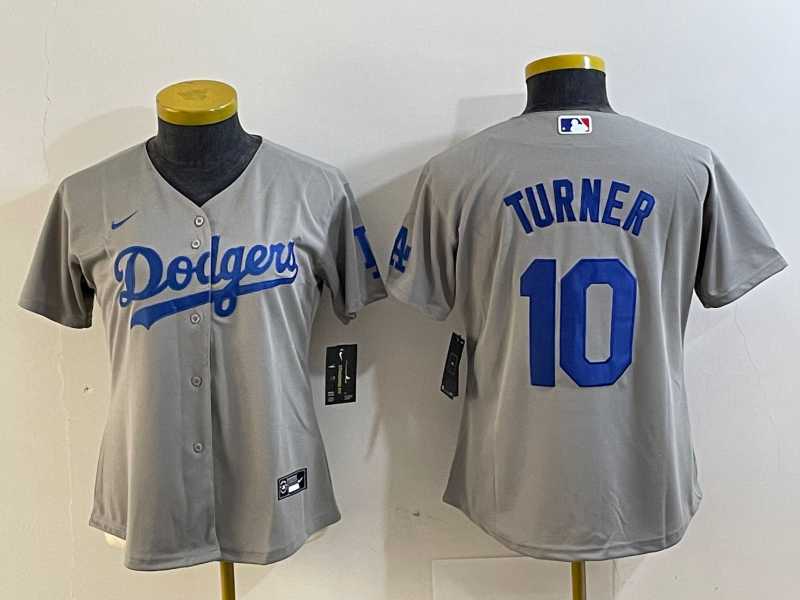 Womens Los Angeles Dodgers #10 Justin Turner Grey Cool Base Stitched Nike Jersey